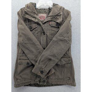 Levis Jacket Mens Large Green Hooded Quilted Canvas Parka Zip Pockets Lined